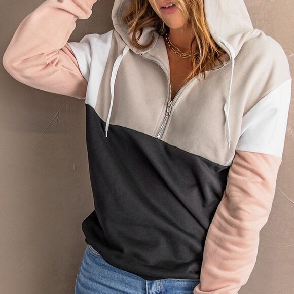 Hoodie Sweater Sweatshirt pink cotton color block quarter zip pullover - Picture 2 of 16